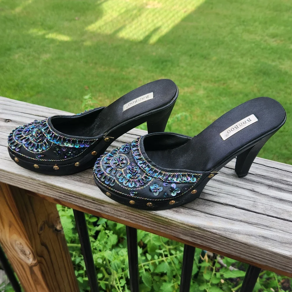 Bamboo Black and Blue Beaded Mules - Picture 2 of 7